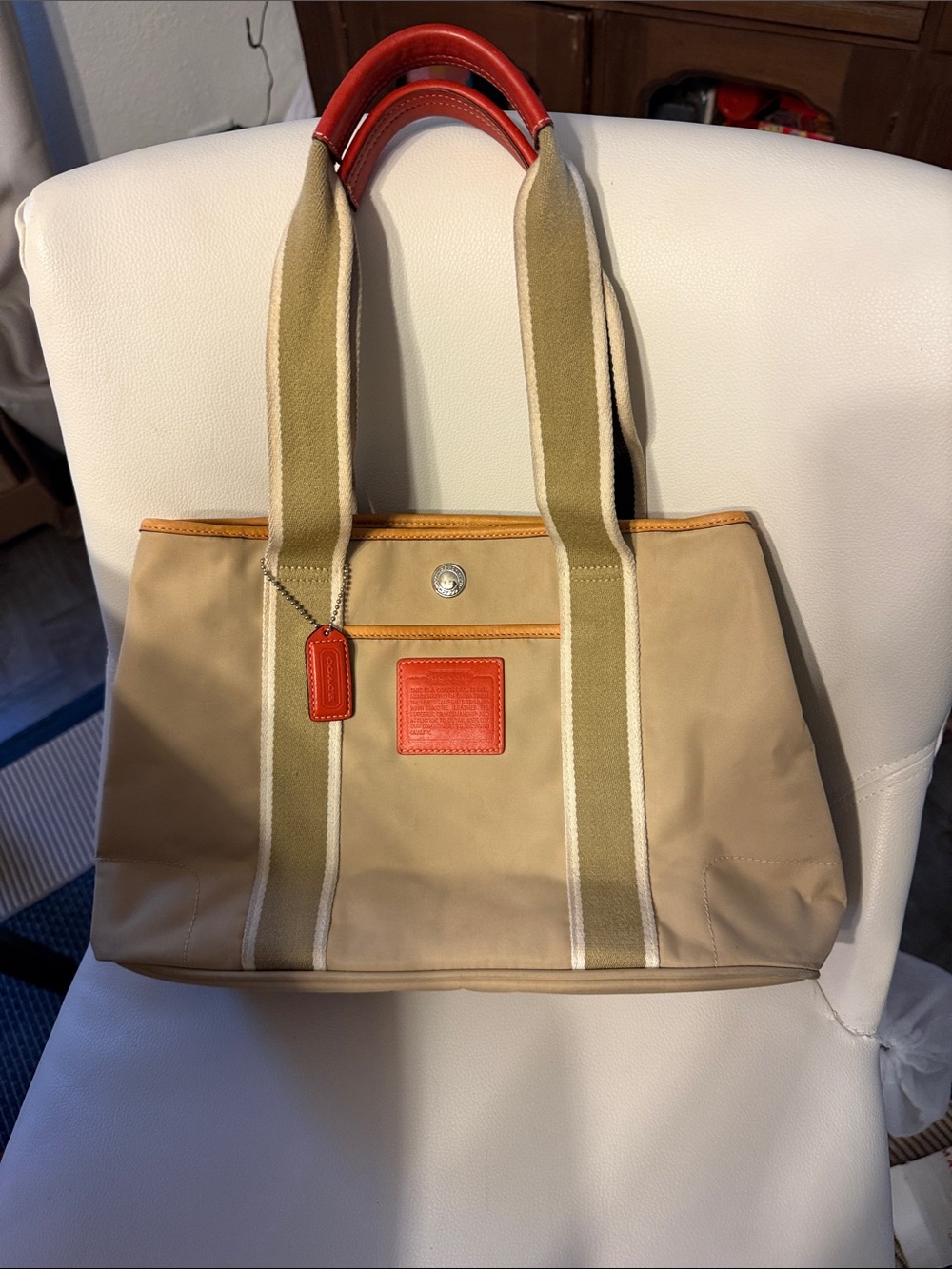 Coach Beige Canvas Tote with Olive Straps and Orange Trim